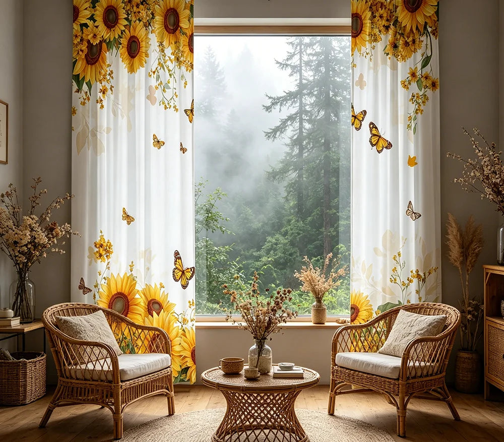 rideau tournesol fleurs papillons moderne rustique blanc jaune vert beige translucide maison