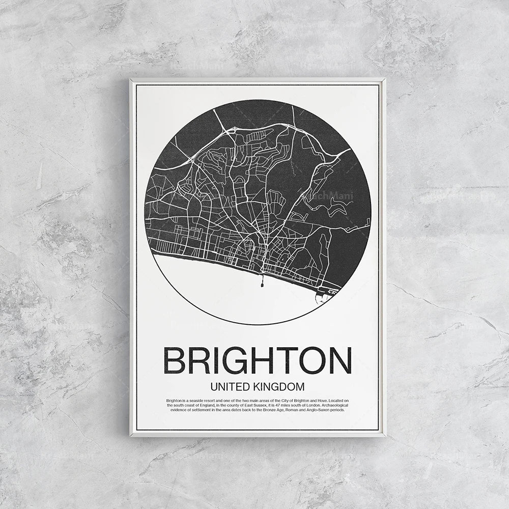 Image de carte noir et blanc de la ville de Brighton, au Royaume-Uni, avec un texte descriptif.