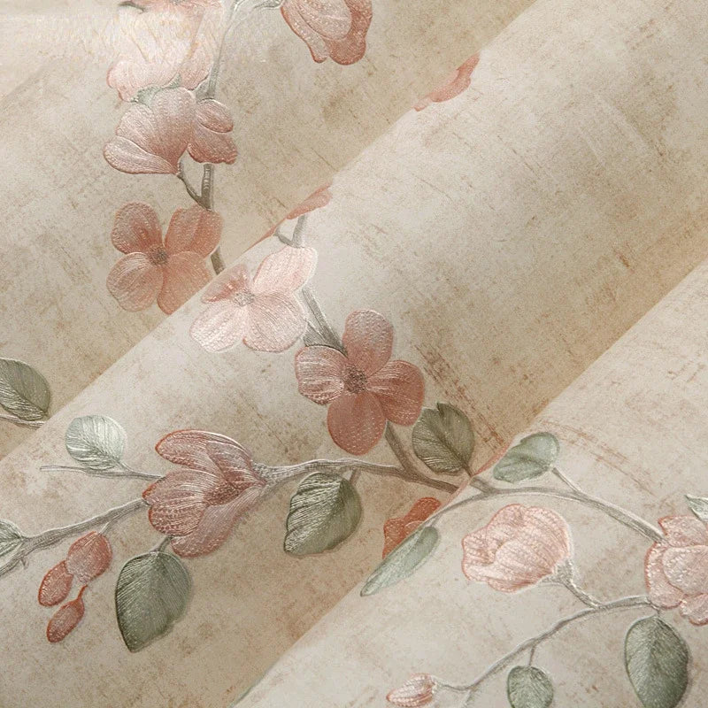 papier peint floral tissu relief beige vert rose chambre salon vintage shabby chic