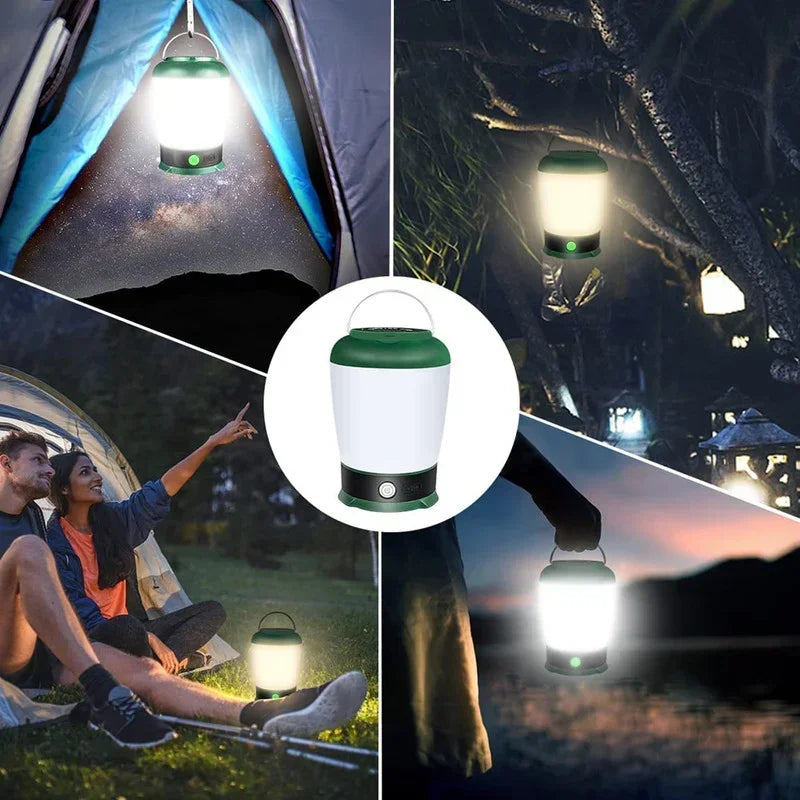 lampe camping rechargeable led vert blanc texture moderne pratique interrupteur anneau métallique étancheurgence