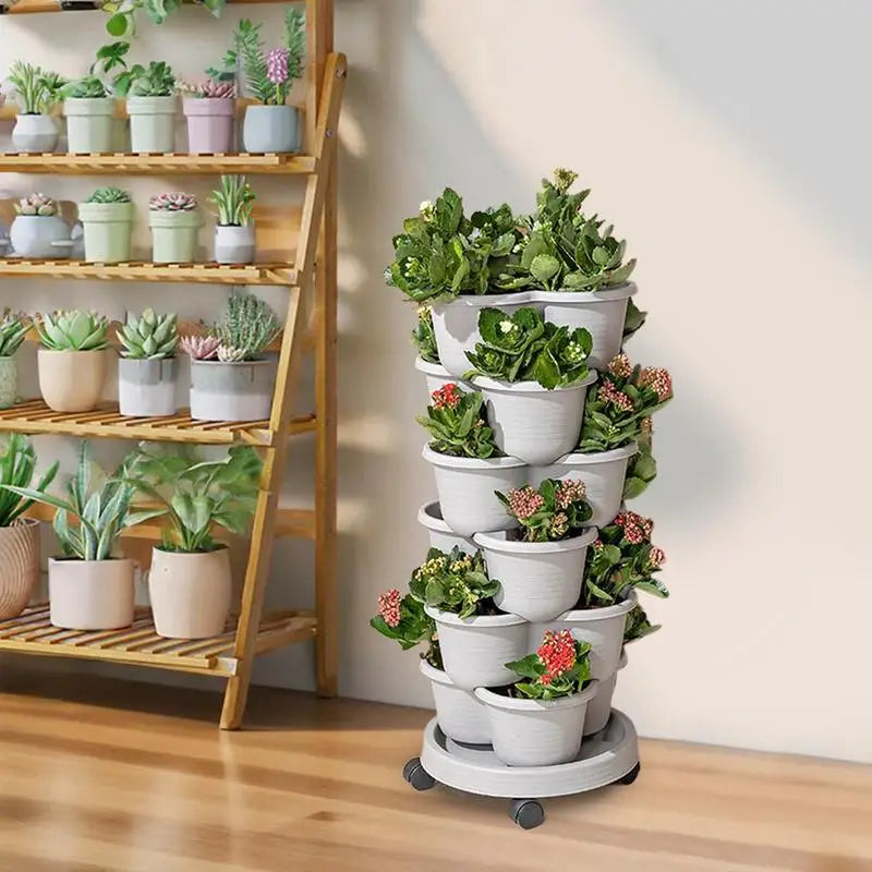 pots fleurs verticaux empilables plastique moderne roulettes patio plantes lettuces fleurs trèfle grisclair minimaliste