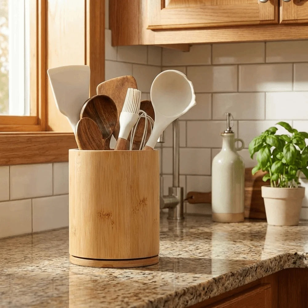 Porte-ustensiles en bois avec couverts rangés démonstration