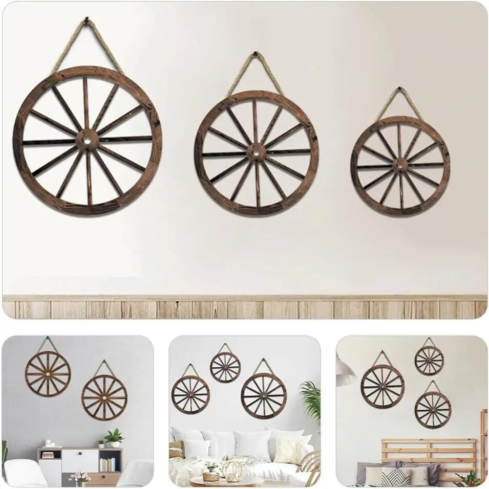 décoration rustique vintage roue chariot bois brun lignes noires métalliques suspension jardin festive western