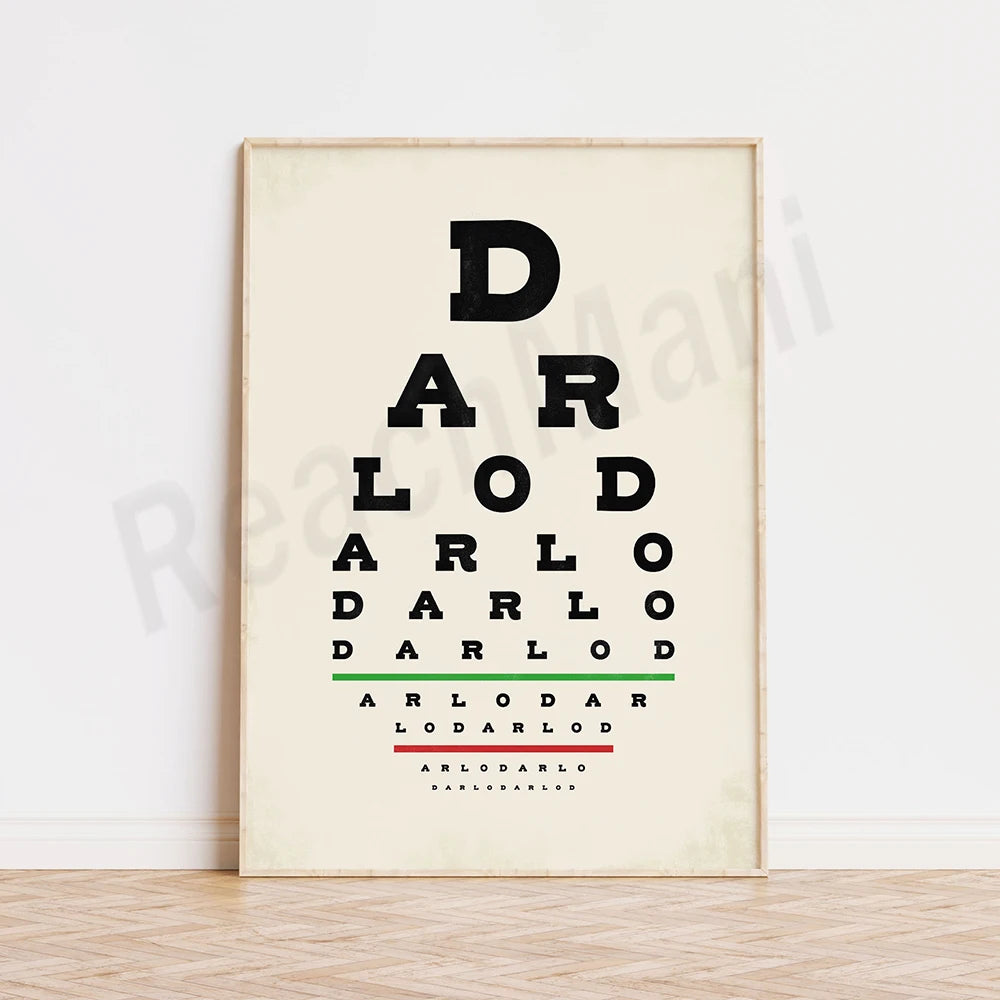 Image affichant un test ophtalmologique avec différents mots dans des caractères noirs sur un fond clair, suggérant une affiche de décoration d'intérieur.