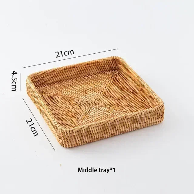 panier rotin marron clair tissage fin moderne rangement cuisine fruits assiettes thé livres