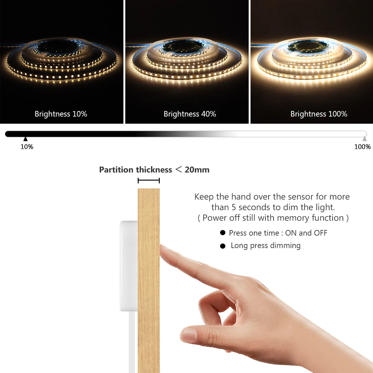 Détail du capteur tactile bois pénétrant de la bande LED
