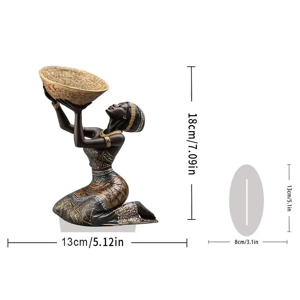 statue africaine femme priante marron doré artisanale base blanche panier osier ethnique art deco