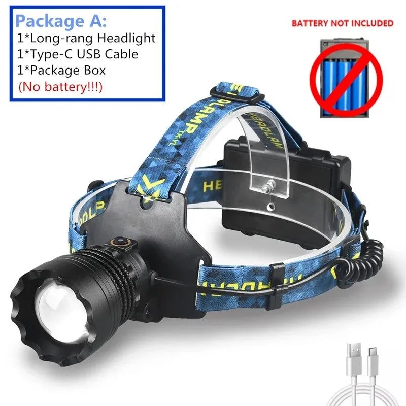 lampe frontale bleu noir imprimé graphique moderne ceinture ajustable affichage numérique contrôle puissance