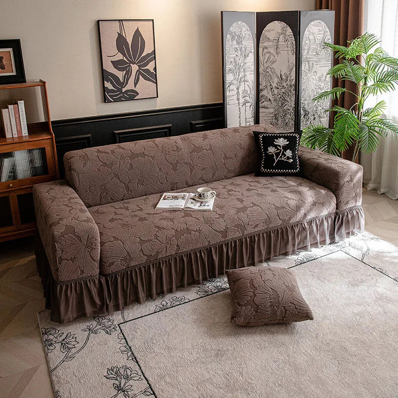 housse canapé velours jacquard fleurs imprimées extensible coussin salon classique vert