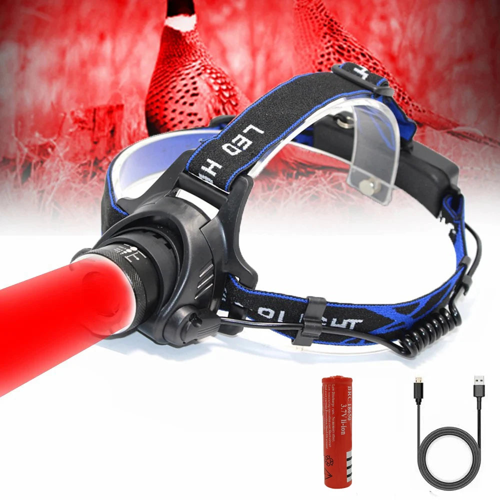 lampe frontale led noir bleu rouge imprimé graphique moderne rechargeable camping chasse zoomable certifiée