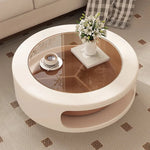 table basse moderne verre transparent plateau rotatif compartiment trois sections couleur beige marron clair