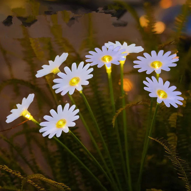 lumière solaire fleur marguerite blanche jaune petals centre lumineux moderne extérieur jardin clips tiges