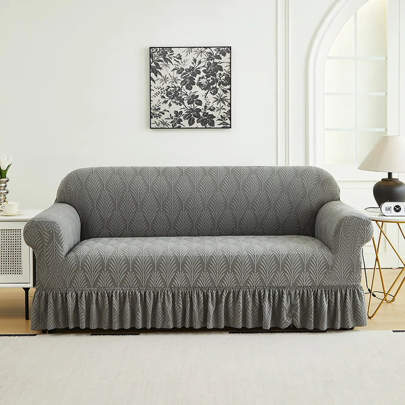 housse canapé gris clair jacquard motif feuilles stylisées élastique protection banc