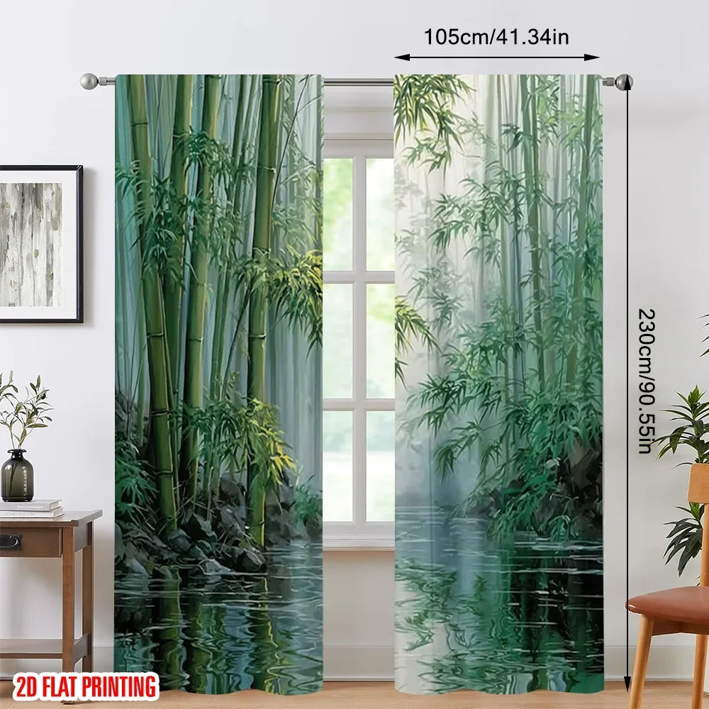 rideau imprimé forêt bambou moderne vert blanc noir translucide 75x166cm