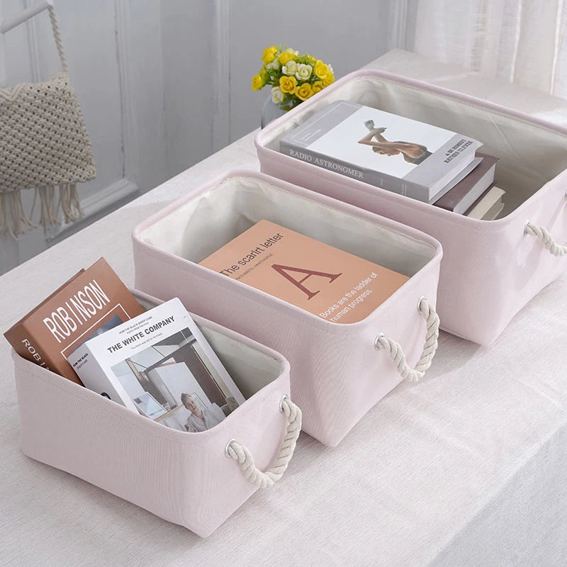 boîtes rangement lin bleu clair rose pâle vert pastel poignées corde respectueux environnement moderne