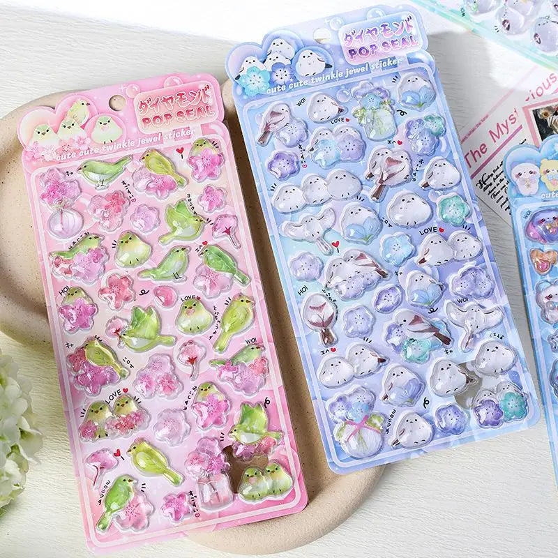 stickers pop seal oiseaux floraux nuages kawaii brillants adhésifs décoratifs enfants rose vert bleu