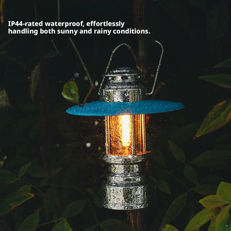 lampe camping portable rechargeable bleu retro abatjour translucide argentéextérieur ambiance effet flamme