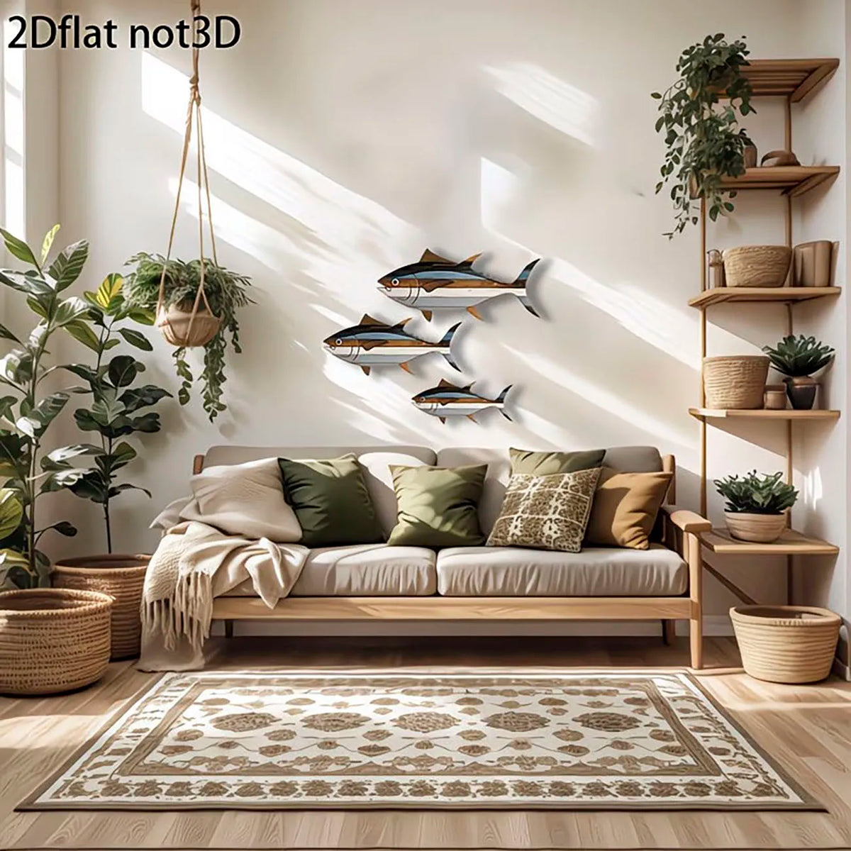 décoration murale moderne poissons bois bleu marron rayures adhésif grande taille chambre salon