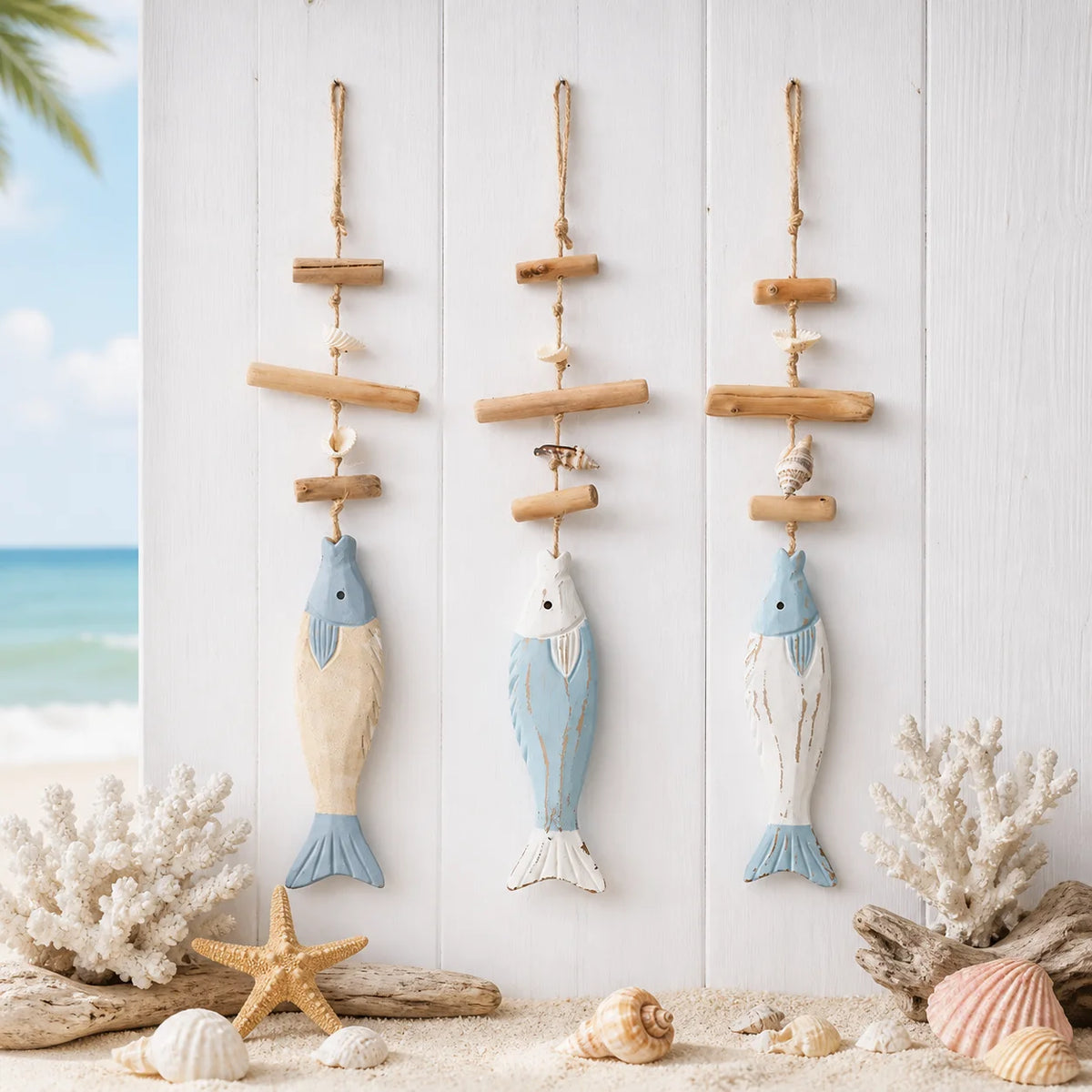 décoration murale poissons bois coquillages suspension plage marin bohèmeintérieur sable étoiles mer corail driftwood