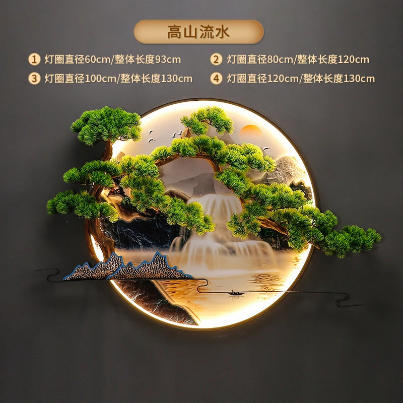 lampe murale décorative paysagère artisanale vert bleu beige doré montagnes arbres eau nuages