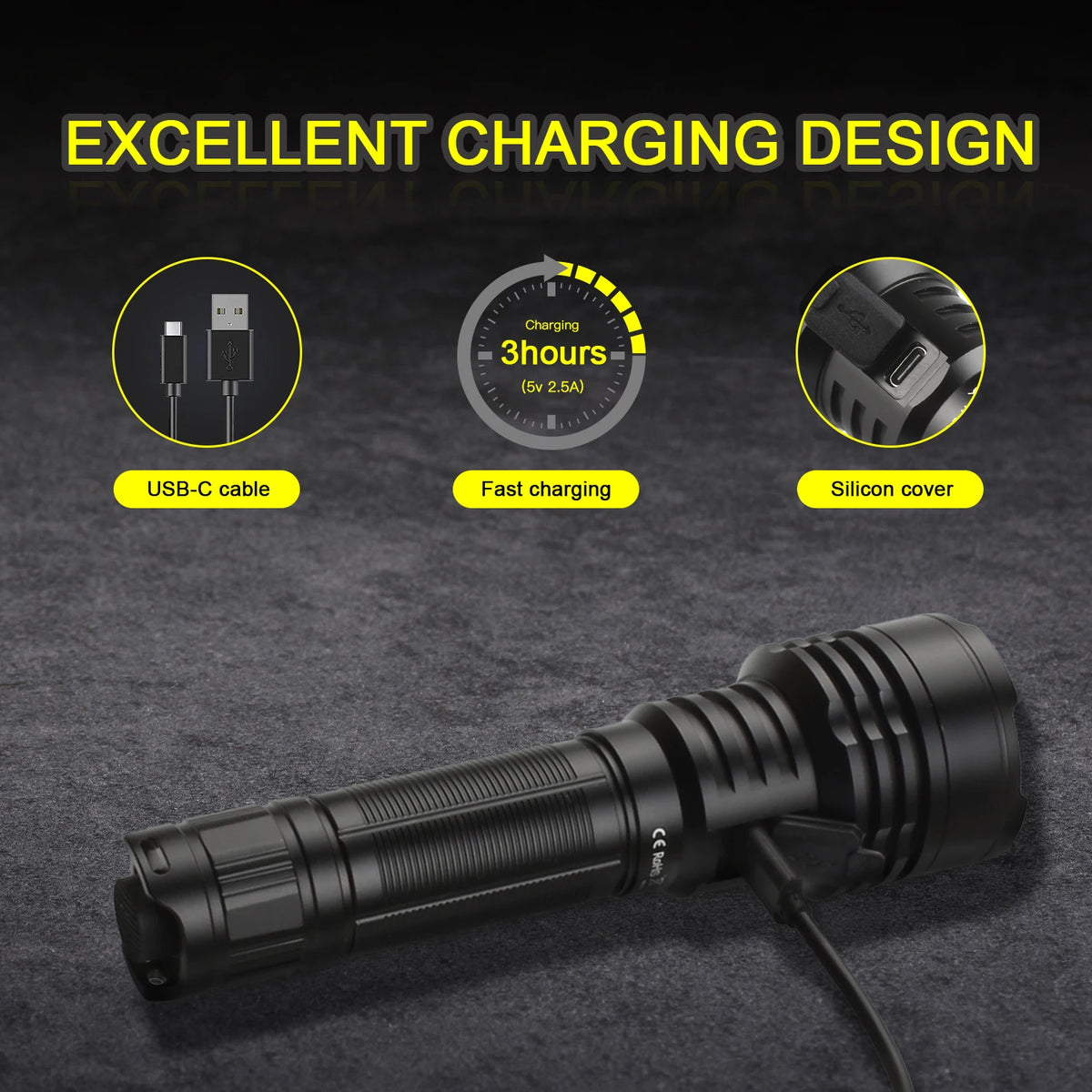 lampe torche rechargeable led noire intense 6000k 3800lm durable outdoor camping fishing