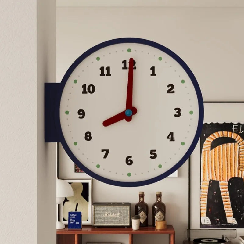 horloge murale double face moderne bleu blanc aiguilles quartz résine salon