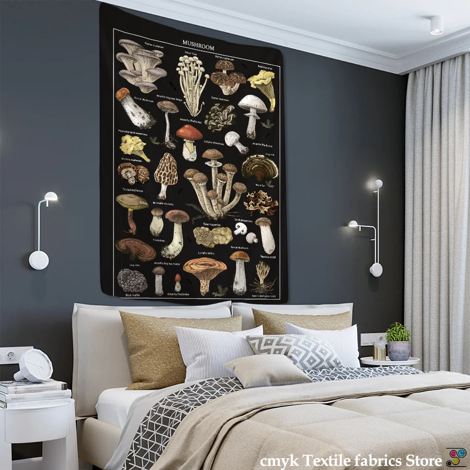 tapisserie murale tissée champignons noirs vintage décoration chambre sorcellerie bohème polyester rectangle