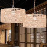 suspension lumineuse tissée fibres naturelles rustique boho chic opacité naturelle beige chaîne métallique