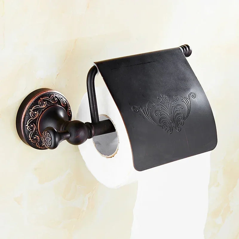 accessoires salle bain bronze noir élégants motifs floraux classiques porte serviettes savon papier hygiénique