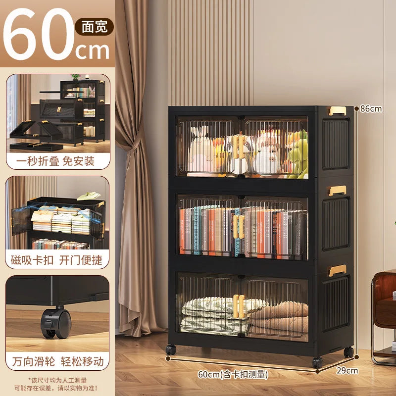 meuble rangement noir grille transparente moderne roulettes pliable grande capacité