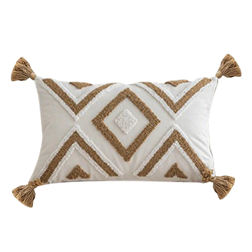 coussin décoratif moderne motif géométrique jaune gris beige texture bouclée canapé salon