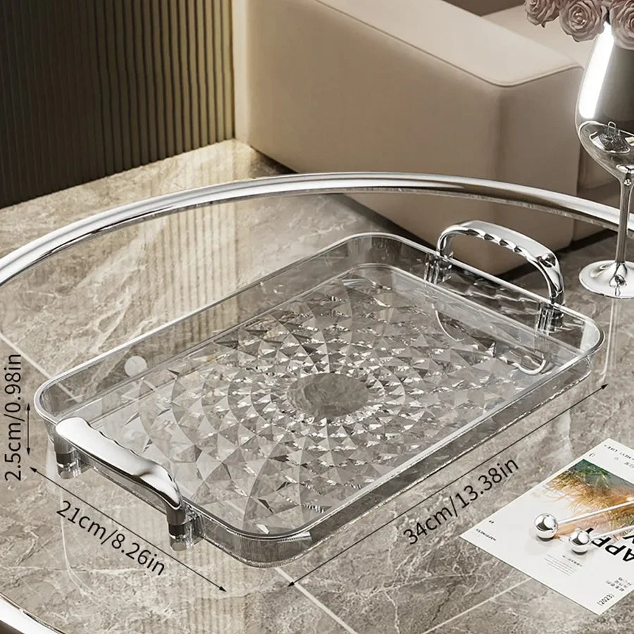 plateau service transparent moderne poignées diamant 3d argenté fruits macarons