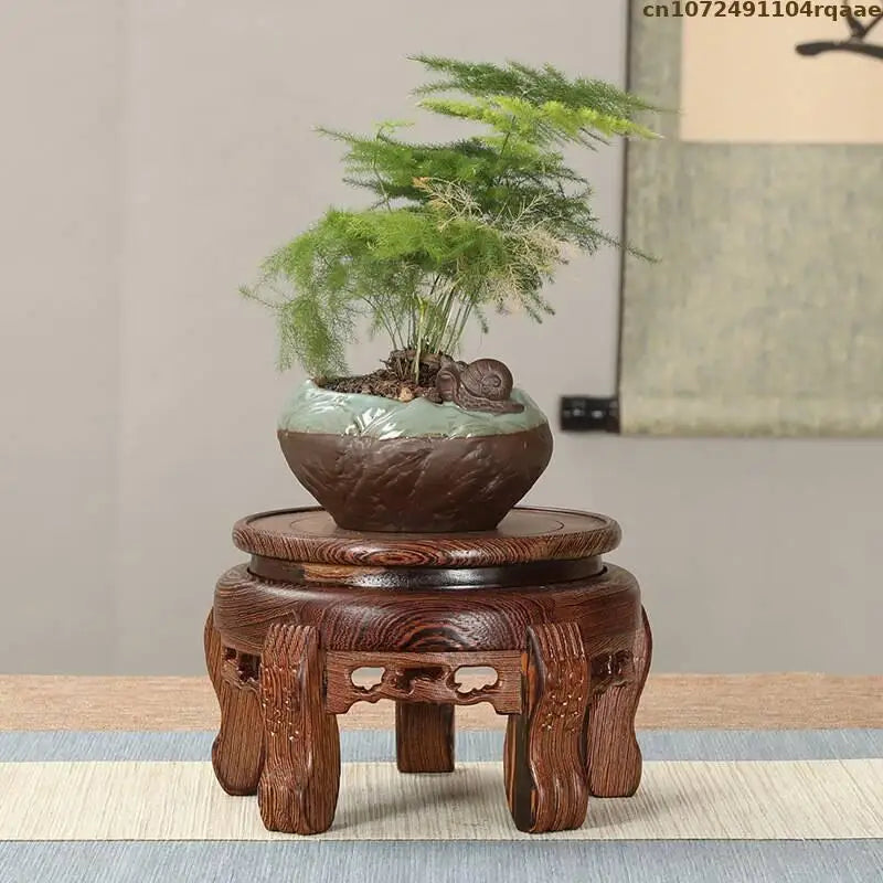 support plantes bois naturel gravures artisanal pot fleurs marron foncé display