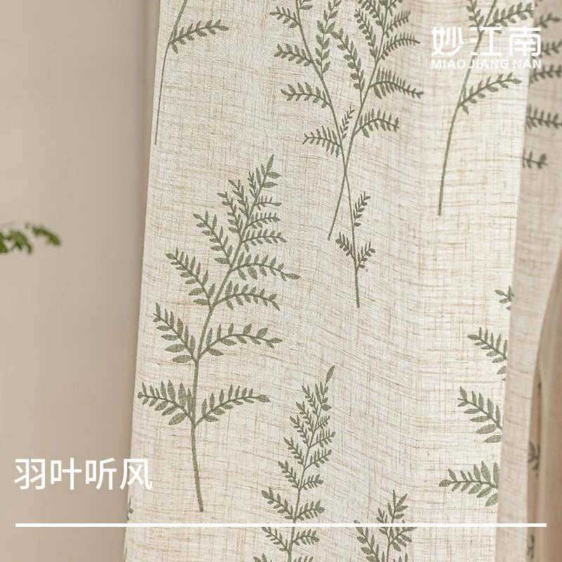 rideau vintage feuilles fougère beige gris semi transparent maison hospitalité
