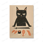 affiche illustration chat noir sushi art japonais fond beige salon décoration maison toile imperméable)frameless