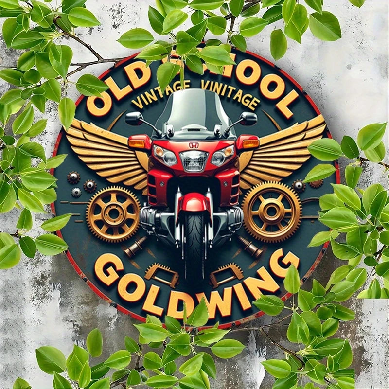 plaque décorative vintage moto illustration honda goldwing ailes dorées engrenages bleu rouge