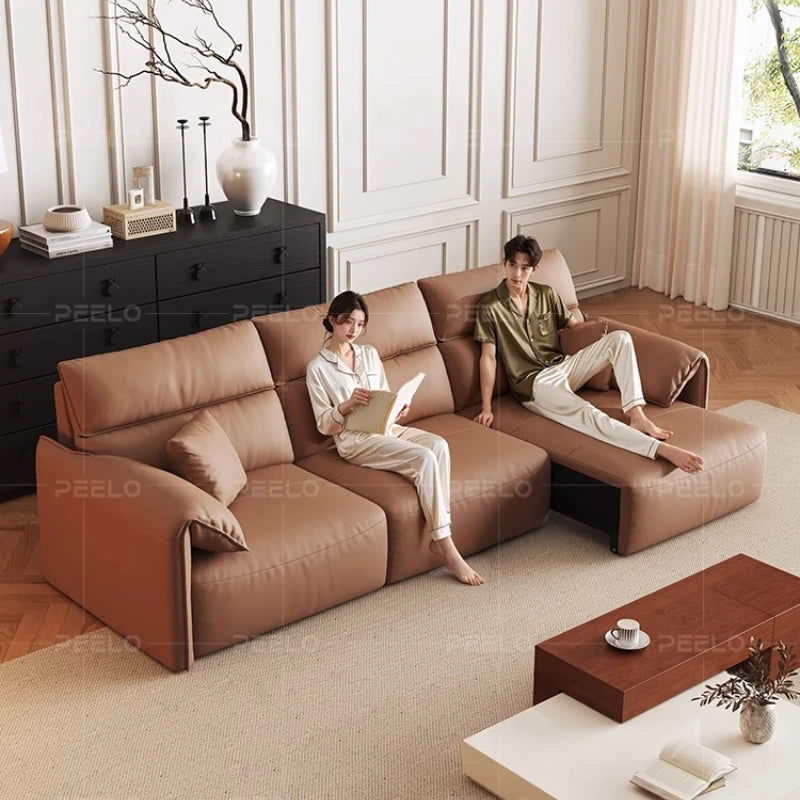 canapé d'angle marron clair moderne coussins table basse dimension 290cm