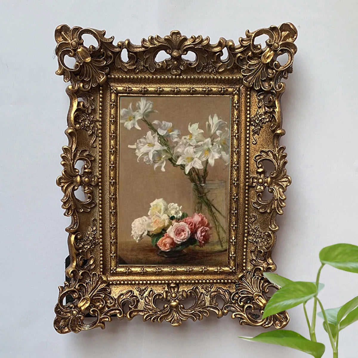 cadre photo résine opaque baroque floral vintage or beige blanc
