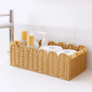 panier rectangulaire tressé beige bordure ondulée poignées bambou rustique bohème utilisation multiple rangement décoration
