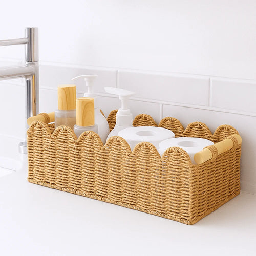 panier rectangulaire tressé beige bordure ondulée poignées bambou rustique bohème utilisation multiple rangement décoration