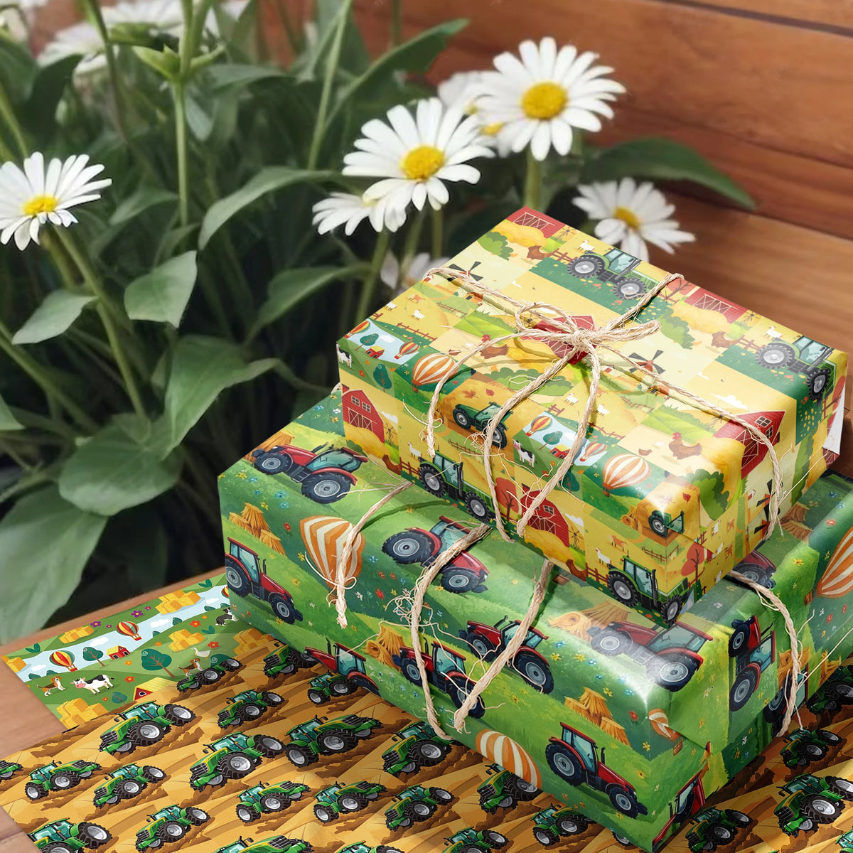 papier cadeau illustration tracteurs enfantins vert jaune rouge motif maison animal montgolfière festive anniversaire