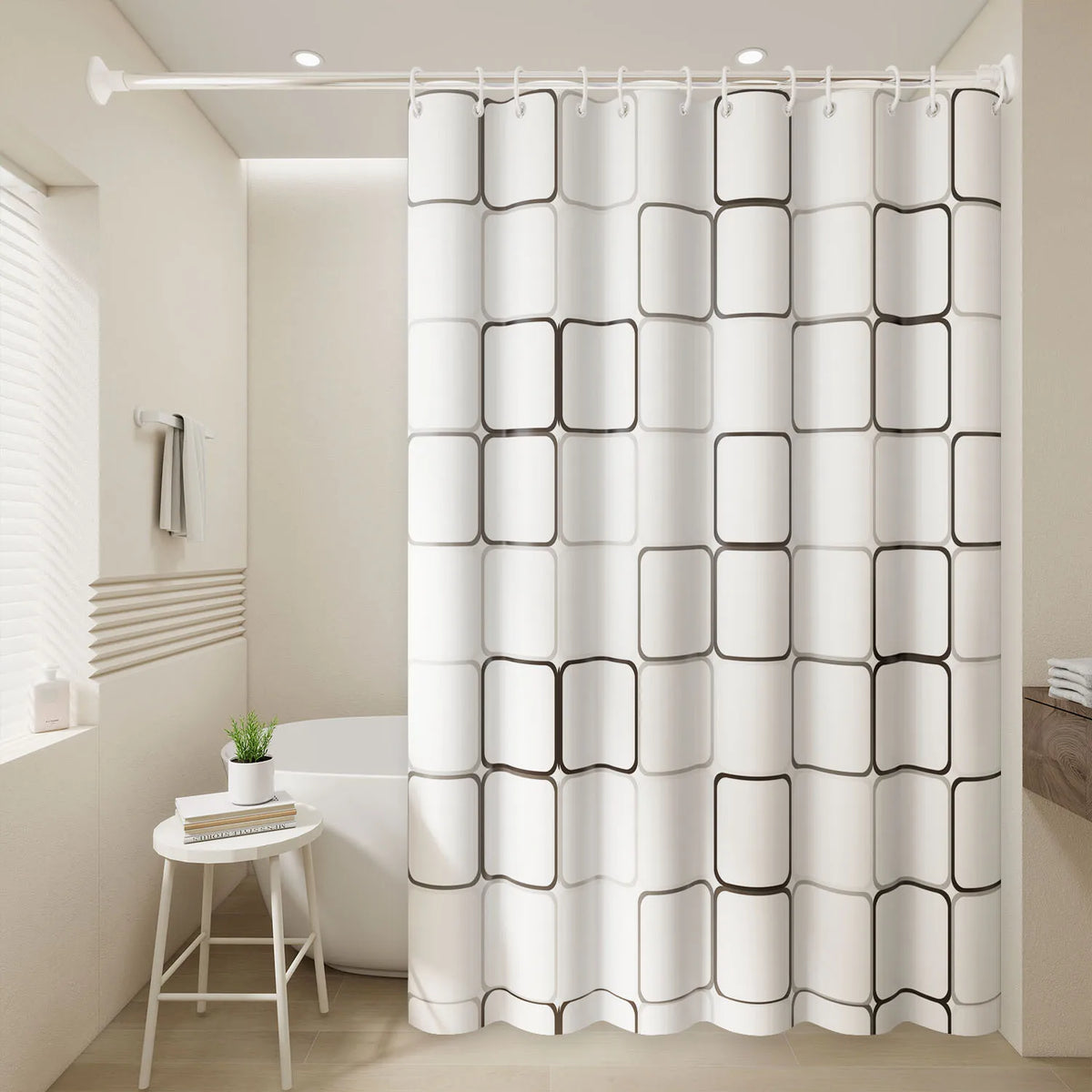 rideau douche géométrique blanc noir moderne minimaliste opacité ourlet standard