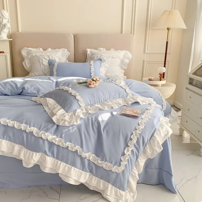 ensemble literie classique bleu clair ruches blanches taies oreiller couverture lit filles