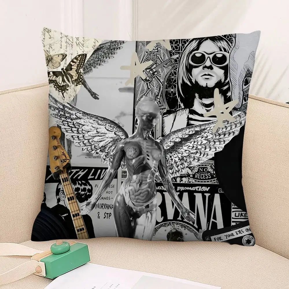 taies d'oreiller décoratives motif nirvana graphique noir blanc gris 45x45cm zip détachable