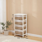 meuble tiroirs blanc rustique paniers osier tissu beige vintage chambre coucher minimaliste moderne