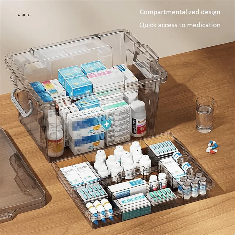 boîte rangement médicaments transparente étanche réutilisable urgence compartiments poignée moderne