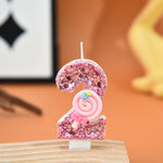 bougies numériques sucettes roses paillettes décoratives enfantine anniversaire fête tringle fixée chiffres bonbons rubans