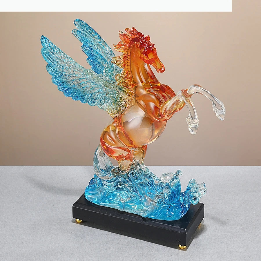 statuette pegase cheval ailé vague transparente bleu orange décoration maison festive