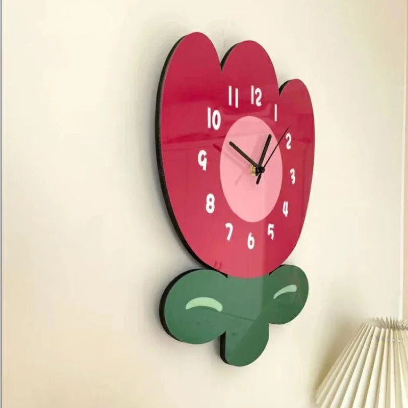 horloge murale quartz aiguille acrylique motif floral rouge rose salon moderne