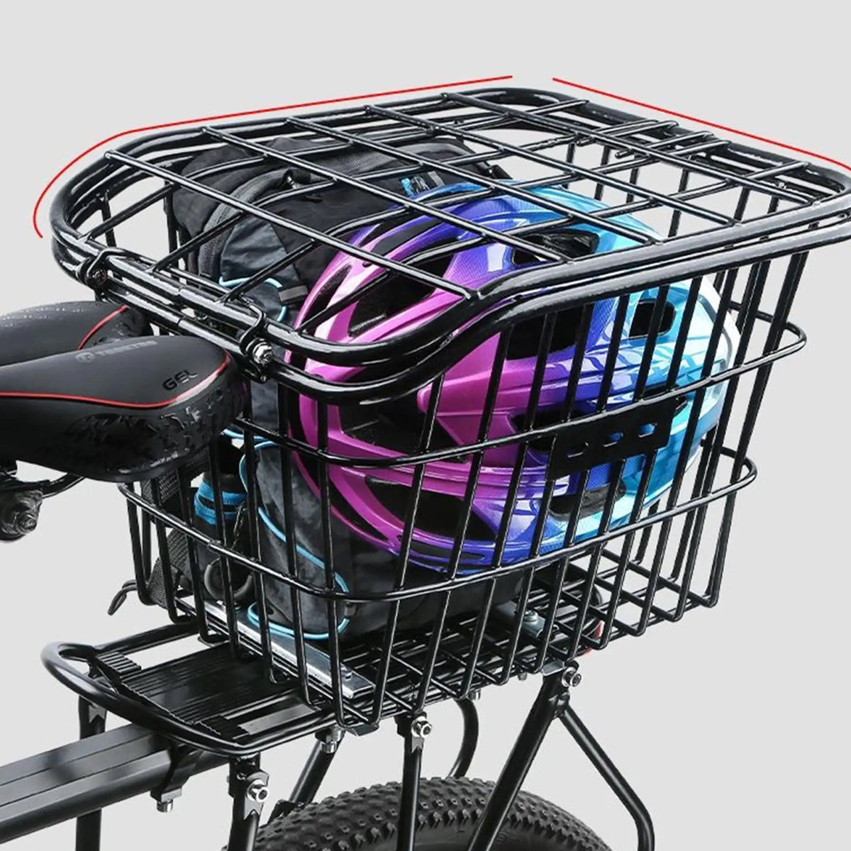 panier vélo arrière acier noir clips moderne maille métallique couvercle vis poignée